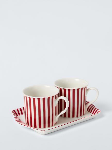 John Lewis Candy Cane Porcelain 2 Mug & Tray Set, 260ml, Red/White, Multi