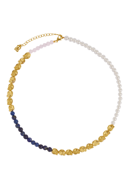 Ottoman Hands Waterproof Lapis and Pink Jade Beaded Necklace, Gold, Gold