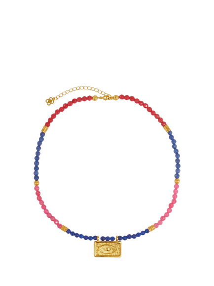 Ottoman Hands Arden Evil Eye Gemstone Beaded Necklace, Gold, Gold