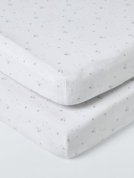 John Lewis Stars Cotton Fitted Cot Sheets, Pack of 2, White, White