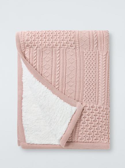 John Lewis Cable Knit Sherpa Blanket, Pink, Pink