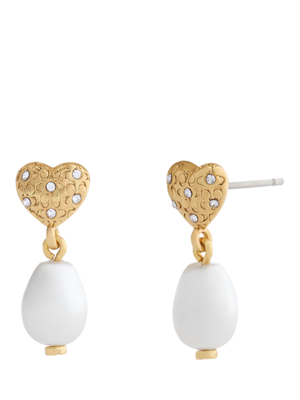 Coach Heart Drop Earrings, Pearl, Pearl