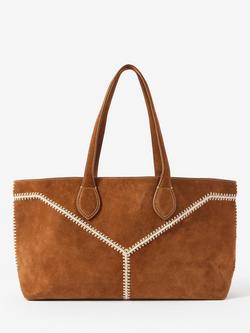 Mint Velvet Blanket Stitch Pure Suede Tote Bag, Brown/Cream, Brown/Cream