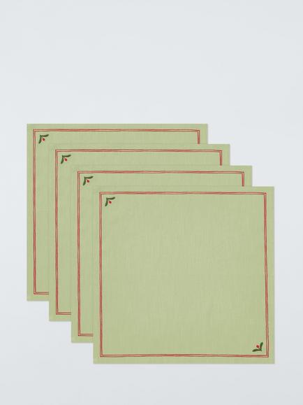 John Lewis Berry Border Cotton Napkins, Set of 4, Green/Red, Green/Red