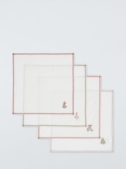 John Lewis Christmas Cross Stitch Cotton Napkins, Set of 4, White/Green/Red, Multi