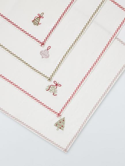 John Lewis Christmas Cross Stitch Cotton Napkins, Set of 4, White/Green/Red - view 2, Multi