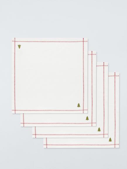 John Lewis Embroidered Christmas Tree Cotton Napkins, Set of 4, White/Green/Red, White/Green/Red