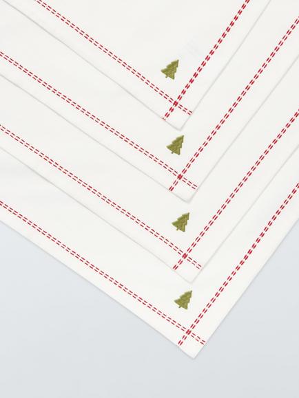 John Lewis Embroidered Christmas Tree Cotton Napkins, Set of 4, White/Green/Red - view 2, White/Green/Red