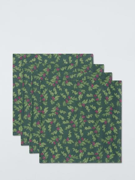John Lewis Holly Cotton Napkins, Set of 4, Green, Green/Red