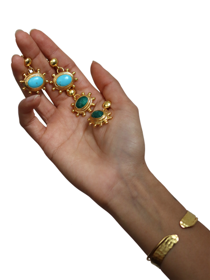 Ottoman Hands Zand Turquoise Drop Earrings, Gold - view 2, Gold