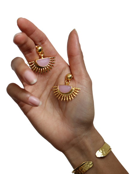 Ottoman Hands Sunrise Rose Quartz Earrings, Gold - view 2, Gold