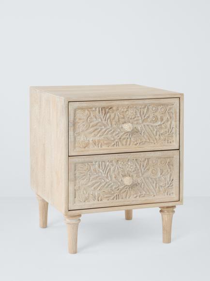 John Lewis Hidcote 2 Drawer Floral Bedside Table, FSC-Certified (Mango Wood), Light Stain Mango, Light Stain Mango