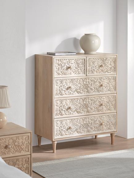 John Lewis Hidcote 5 Drawer Floral Chest, FSC-Certified (Mango Wood), Light Stain Mango - view 2, Light Stain Mango