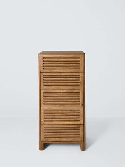 John Lewis 5 Drawer Louvered Tallboy Chest, Stained Mango Wood - view 2, Stained Mango Wood