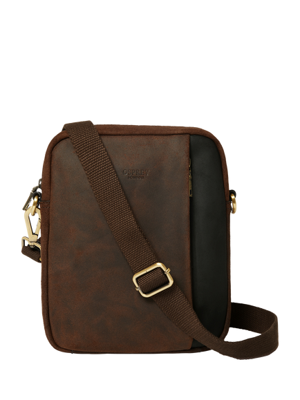 OSPREY LONDON Jenson Small Leather Messenger Bag, Chocolate & Black, Chocolate & Black