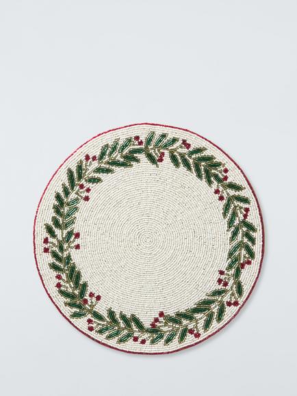 John Lewis Berry Foliage Beaded Placemat, White/Red/Green, White/Red/Green