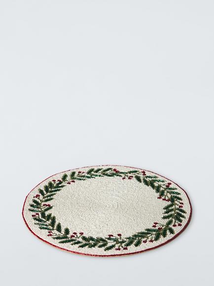 John Lewis Berry Foliage Beaded Placemat, White/Red/Green - view 2, White/Red/Green