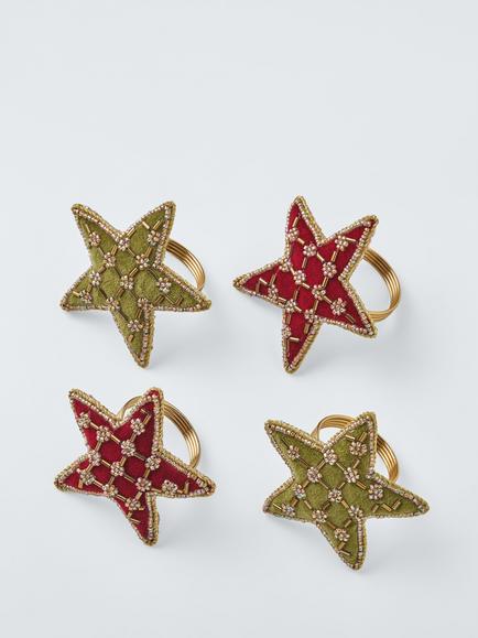 John Lewis Christmas Star Beaded Velvet Napkin Ring, Set of 4, Red/Green, Red/Green