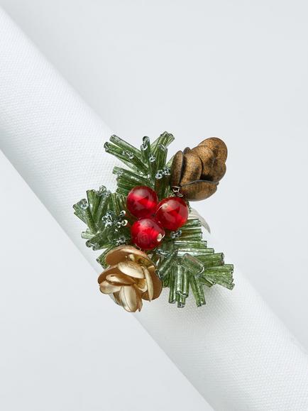 John Lewis Christmas Foliage & Berry Napkin Ring, Set of 4, Red/Green - view 2, Red/Green