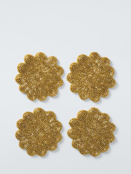 John Lewis Scallop Beaded Coaster, Set of 4, Gold, Gold