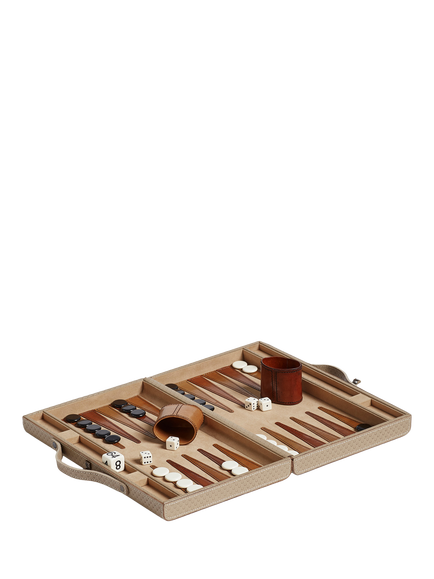 OKA Bennet Wood & Buffalo Leather Backgammon Set, Taupe, Taupe