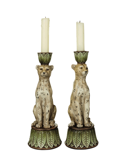 OKA Lakadema Leopard Candle Holders, Set of 2, Green, Multi