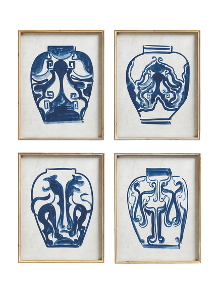 OKA Kraak Vase Framed Prints, Set of 4, 70 x 55cm, Indigo/White, Indigo/White