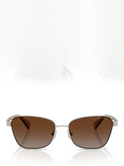 Ralph Lauren Ralph by Ralph Lauren RA4149 Women's Polarised Irregular Sunglasses, Shiny Silver/Brown - view 2, Shiny Silver/Brown
