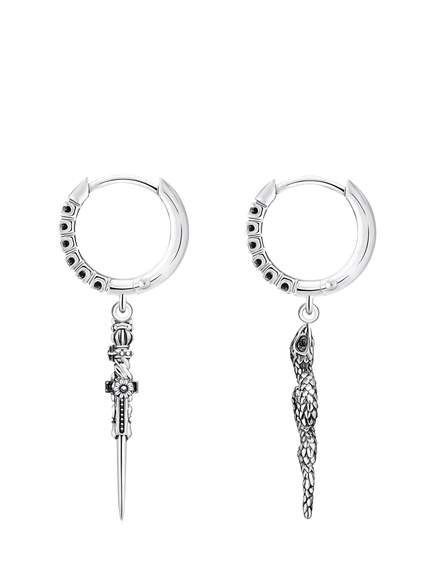 THOMAS SABO Men's Snake & Sword Drop Hoop Earrings, Silver - view 2, Silver