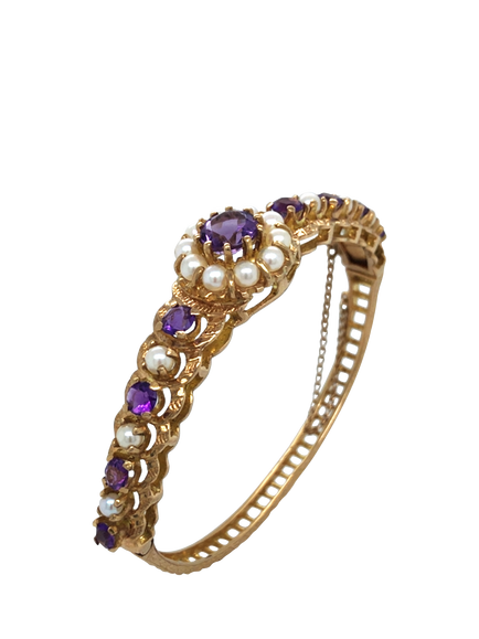 Pre-loved 9ct Yellow Gold Cultured Pearl and Amethyst Bangle, Yellow Gold