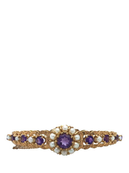 Pre-loved 9ct Yellow Gold Cultured Pearl and Amethyst Bangle - view 2, Yellow Gold