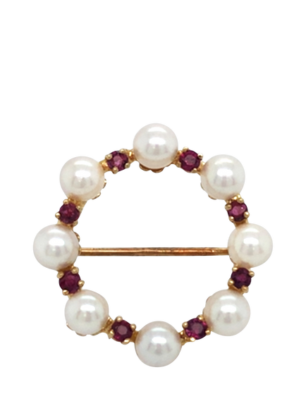 Pre-loved 9ct Yellow Gold Cultured Pearl and Rhodalite Garnet Circle Brooch, Dated London 1997, Yellow Gold