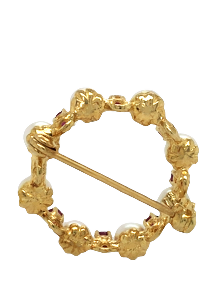 Pre-loved 9ct Yellow Gold Cultured Pearl and Rhodalite Garnet Circle Brooch, Dated London 1997 - view 2, Yellow Gold