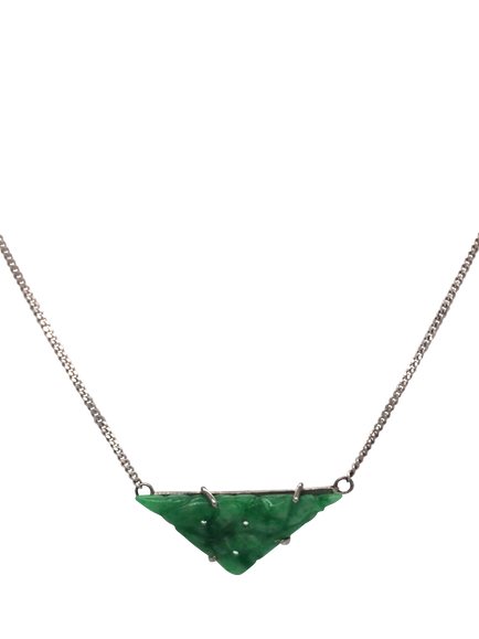 Pre-loved 9ct White Gold Triangular Carved Jade Pendant Necklace, White Gold