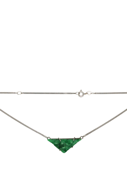 Pre-loved 9ct White Gold Triangular Carved Jade Pendant Necklace - view 2, White Gold