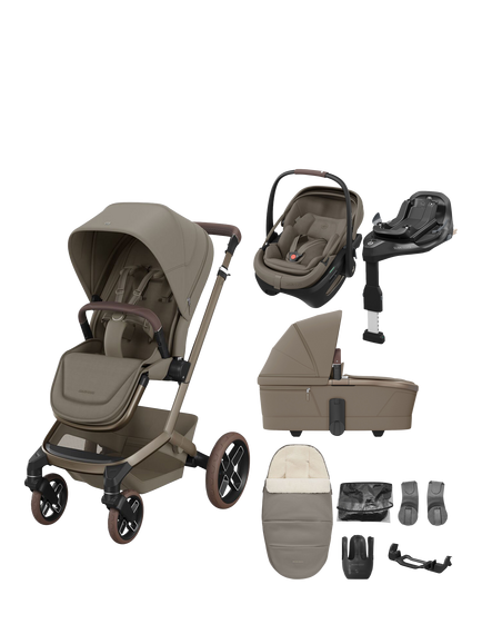 Maxi-Cosi Fame Pushchair, Carrycot, & Accessories with Coral Slide Pro Car Seat & FamilyFix Slide Pro Base Bundle, Oak Truffle, Oak Truffle