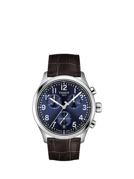 Tissot T1164171604200 Men's Chrono L Round Leather Strap Watch, Blue/Brown, Blue/Brown