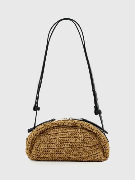 AllSaints Rosalie Leather and Raffia Shoulder Bag, Biscuit Brown, Biscuit Brown