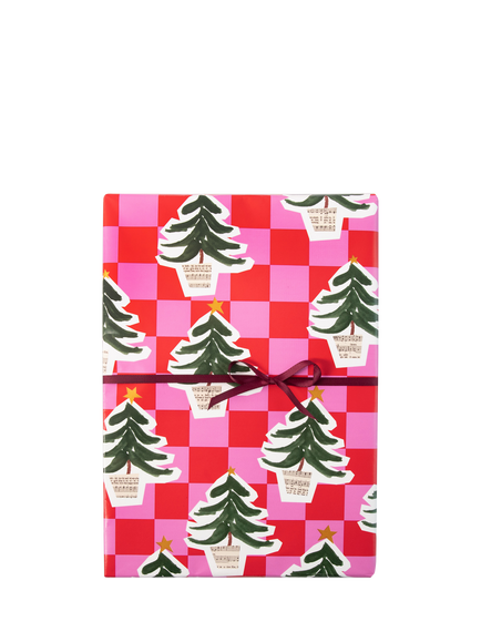 Caroline Gardner Pink Check with Trees Wrapping Paper, L5m, Pink