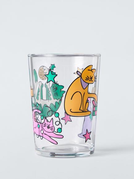 John Lewis Scotty Gillespie Christmas Cat Glass Tumbler, 500ml, Clear/Multi, Clear Clear