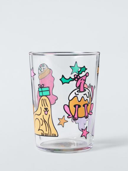 John Lewis Scotty Gillespie Christmas Dog Glass Tumbler, 500ml, Clear/Multi, Clear Clear
