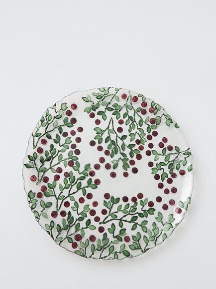 John Lewis Christmas Foliage Glass Serve Plate, 32cm, Green/Red, Green/Red