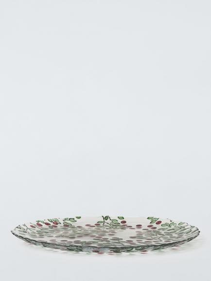 John Lewis Christmas Foliage Glass Serve Plate, 32cm, Green/Red - view 2, Green/Red