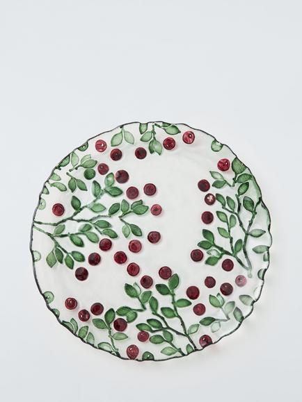 John Lewis Christmas Foliage Glass Side Plate, 21cm, Green/Red, Green/Red