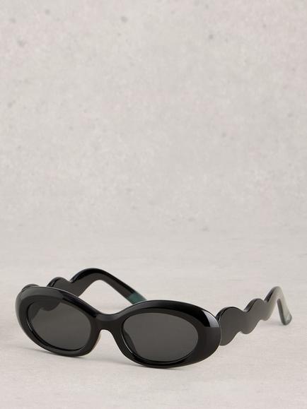 White Stuff Wavy Frame Slim Sunglasses, Black Black, Black Black