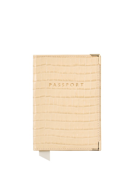 Aspinal of London Croc Effect Leather Passport Cover, Buttermilk