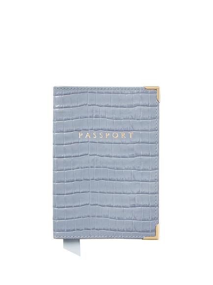 Aspinal of London Croc Effect Leather Passport Cover, Skyblue