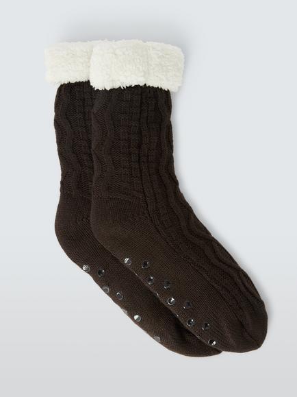 John Lewis Cable Knit Lounge Socks, Chocolate, Chocolate