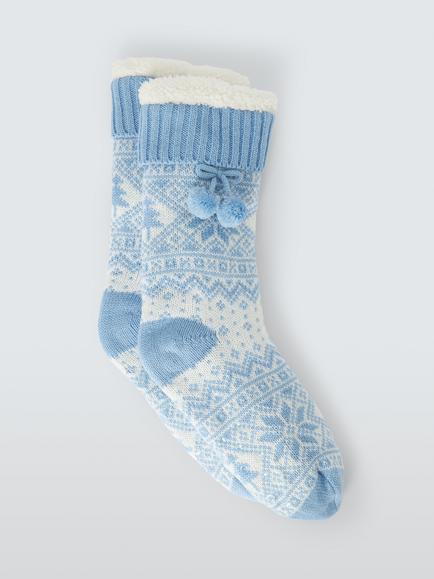 John Lewis Fairisle Pom Pom Lounge Socks, Light Blue, Light Blue