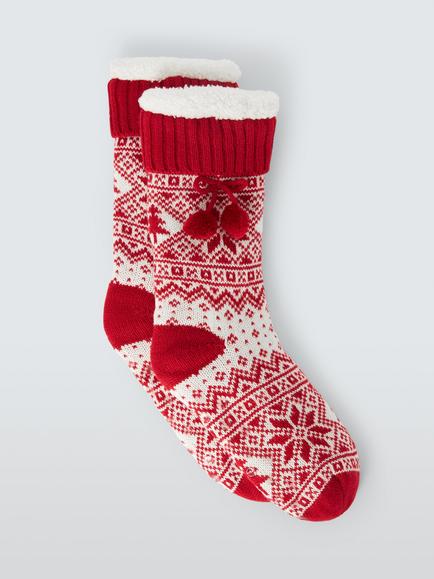 John Lewis Fairisle Pom Pom Lounge Socks, Red, Red